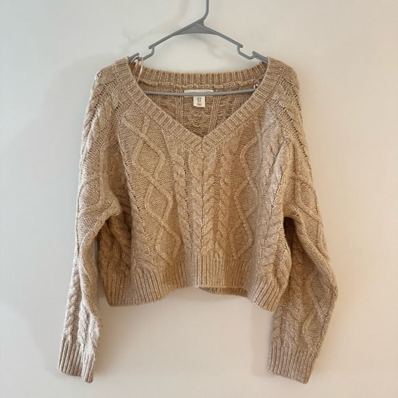 Happily Grey Sweaters - Cozy Crop Cable Knit V-Neck Sweater - Tan